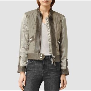 AllSaints Womens Cross Biker Quilted Satin Moto Jacket Mixed Leather US 8
